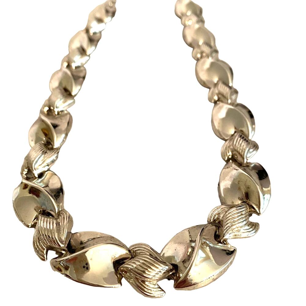 Vintage Mid Century silver chain choker necklace textured dimensional adjusts